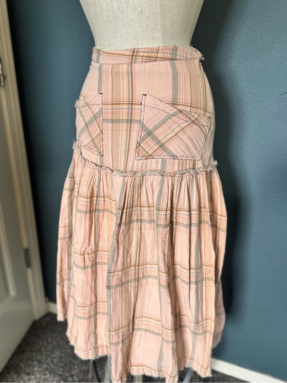 Free People Pink Plaid Tiered Midi Skirt with Subtle Green Stripes